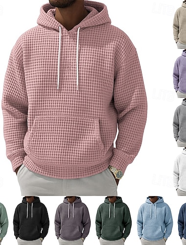  Herren Kapuzensweatshirt Waffle Kapuzensweatshirt Pullover Schwarz Weiß Hellgrün Rosa Marineblau Mit Kapuze Einfach Kängurutasche Strukturiert Lässig Täglich Sport & Outdoor Streetwear Cool