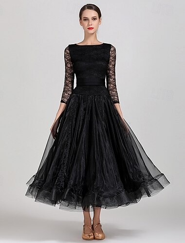  Dámské elegantní černé cvičební šaty na společenský tanec s krajkovými rukávy, lodičkovým výstřihem, valčíkem, tangem, moderním rumbou