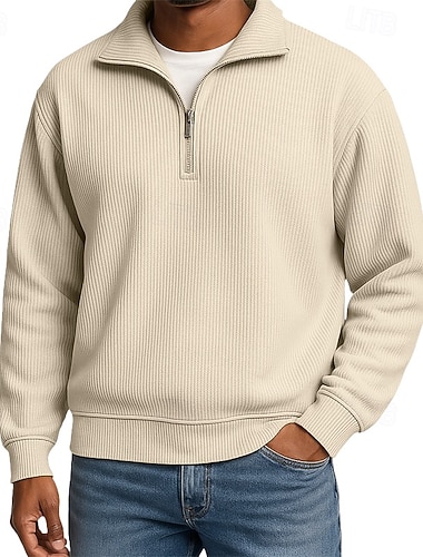  Herren Sweatshirt Kord Pullover Viertelreißverschluss Sweatshirt Aprikose Schwarz Braun Grau Stehkragen Einfach Strukturiert Sport & Outdoor Lässig Täglich Streetwear Cool Sportbekleidung Frühling
