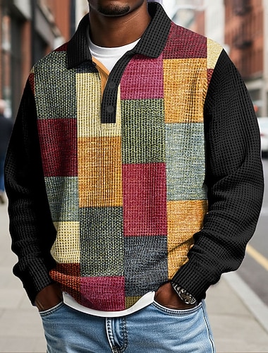  Pánské Barevné bloky Geometrické tvary Waffle Polo košile Dlouhý rukáv Polo tričko Košile s límečkem Na běžné nošení Obchod Noste do práce Denní nošení Knoflíky Jaro Podzim Zima Vodní modrá Hněd