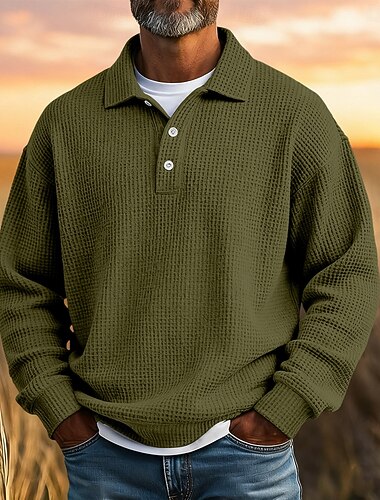  Herren Waffel-Poloshirts Textur Lässig Urlaub Umlegekragen Langarm Mode Einfarbig Einfach Knöpfe Rein Herbst Frühling & Herbst Normale Passform Schwarz Hellgrün Grün Hellblau Violett Dunkelblau