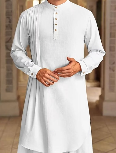  Herren Freizeitkleidung Nachthemd Einfach Stilvoll Komfort Heim Täglich Baumwolle Atmungsaktiv Stehkragen Langarm Frühling Herbst Schwarz Weiß