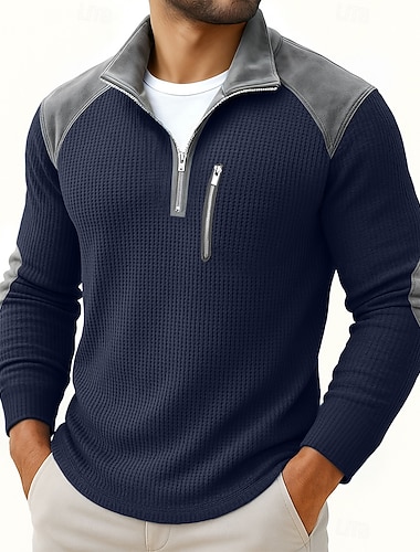  Herren Henley Hemd Waffelstrick T-Shirt Langarm Viertelreißverschluss Frühling Herbst Herbst Winter Retro Vintage Lässig Taschen Reißverschluss Patchwork Outdoor Sport & Outdoor Lässig Blau
