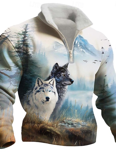  Herren Tiermotiv Wolf Fleece Pullover Mode Lässig 3D Stehkragen Viertelreißverschluss Outdoor Urlaub Geschenk Streetwear Blau Blau 1 Blau 3# Blau 2# Halber Reißverschluss Herbst Winter Designer S M L
