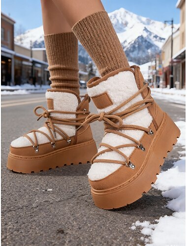  Cizme de zăpadă cu platformă din blană artificială pentru femei - cizme elegante cu șireturi maro și căptușeală călduroasă, perfecte pentru drumeții de iarnă, activități în aer liber și purtare