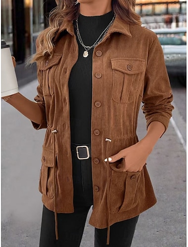  Γυναικεία Casual Jacket Σακί Άνετο Αναπνέει Τσέπη Κουμπιά Καθημερινό Σκέτο Διακοπές Δρόμος Causal Καθημερινά Ρούχα Μονόπετο Κανονικό Απορρίπτω Κανονικό Μακρυμάνικο Εξωτερικά ενδύματα Καφέ