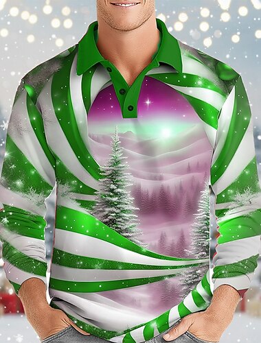  عيد الميلاد المجيد رجالي نمط عيد الميلاد بولو ستايل كم طويل قمصان البولو Lapel كاجوال الأماكن المفتوحة مناسب للبس اليومي ملابس المهرجان طباعة ثلاثية الأبعاد Buttons الربيع الخريف الشتاء