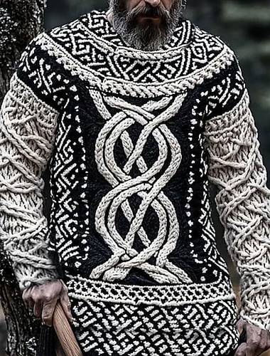  Муж. Викинг Пуловер Свитер Вязаная одежда "Круглый вырез ""под горло""" Ретро На каждый день Повседневные 3D печать Вязанная Сохраняет тепло Длинный рукав Весна Осень Зима Черный Красный Зеленый