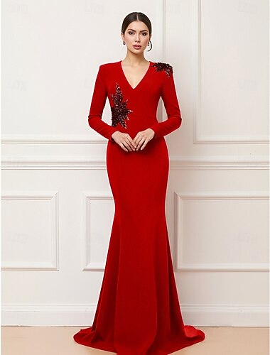  Meerjungfrauenschnitt Bodenlange Schleppe Abiballkleider Abendkleid Ballkleid Festliche Kleidung Elegant Promi-Stil Langarm V Ausschnitt Hochzeit Formell Stretch-Crêpe mit Stickerei