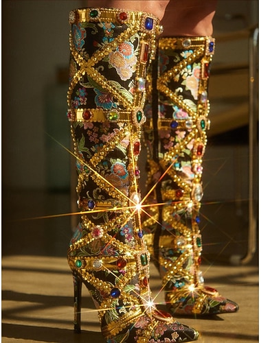  damskie botki na szpilce zdobione kolorowymi kamieniami i złotymi detalami, luksusowe, modne buty na wieczorne przyjęcia i specjalne okazje