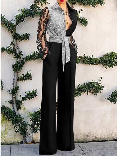  Pentru femei Normal Salopete Șic Stradă Culoare solidă Manșon Lung Picior Larg Guler Cămașă Buzunar Talie Înaltă Petrecere Petrecere cu cocktail Fit regulat Albastru piscină Negru Auriu Primăvară