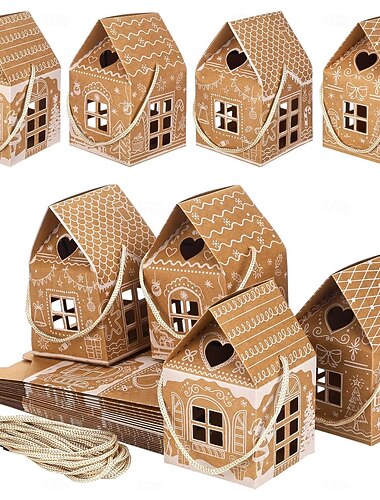  Cajas de regalo de papel kraft con forma de casa (12/24 unidades) con cuerdas: casita de jengibre, árbol de Navidad, muñeco de nieve &Recortes de renos - cajitas de regalo marrones/amarillas para