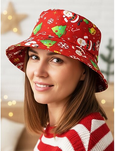  قبعة دلو عيد الميلاد النسائية، مصنوعة من البوليستر، مطبوعة برسومات سانتا كلوز والرنة، غطاء رأس للعطلات والحفلات والاحتفالات الشتوية