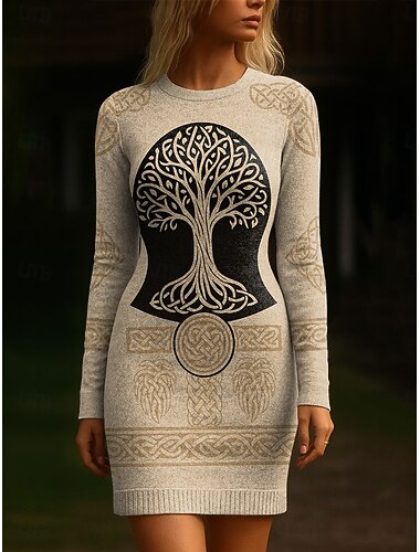  Vintage-Minikleid im Wikingerstil für Damen, Strickkleid, lässiges Boho-Kleid für Urlaub und Alltag, figurbetont, mit grafischem Ethno-Muster, langen Ärmeln und Rundhalsausschnitt, beige,
