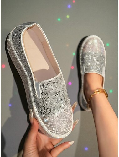  Dámské stříbrné třpytivé tenisky na platformě s nazouváním - třpytivé kamínkové ležérní boty pro noční život, večírky a klubové outfity