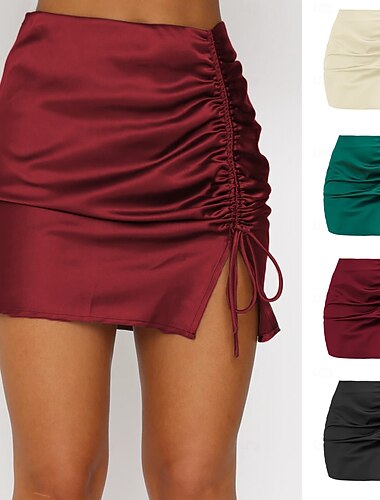  Mujer Faldas de satén Moda Casual Mini Alta cintura Faldas Plano Frunce Rígido Diario Fiesta Vino Negro Blanco Verde Trébol Verano Satén Poliéster