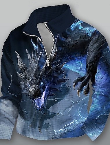  男性用 ドラゴン ワッフル スウェットシャツ 日常 クラシック カジュアル ファンタジー スタンド クォータージップ アウトドア 家 オフィス ワーク ブルー パープル グリーン ジッパーを閉める 秋 冬 デザイナー S M L XL XXL XXXL