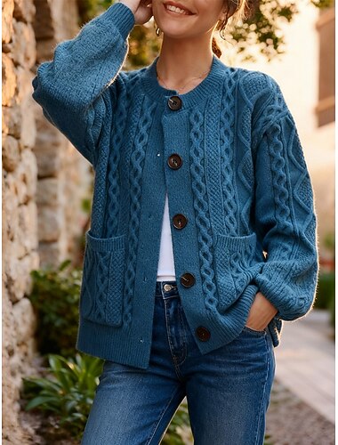  damegenser cardiganjakke daglig kabel rund hals strikket langermet vanlig topper strikket daglig blå rød høst