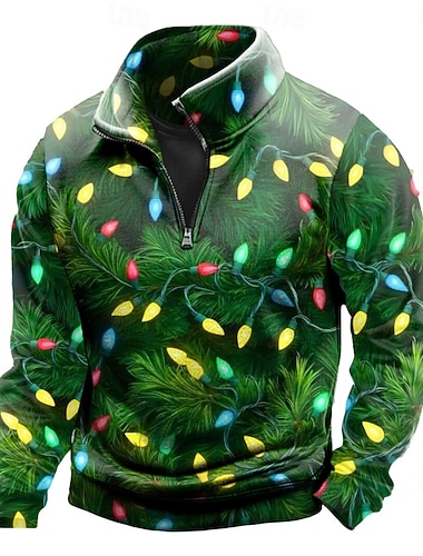  Noël Homme 3D Eclairage de Noël Sweatshirt Sports Mode Occasionnel Fermeture éclair Maison Soirée Travail Vêtements de rue Bleu Violet Vert Zip Up Automne Toutes saisons Designer S M L XL XXL XXXL