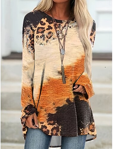  女性用 Tシャツ グラフィック ジオメトリ ヴィンテージ スタイリッシュ カジュアル 長袖 クルーネック ロングトップス 日常 プリント ブルー オレンジ グレー 秋 冬