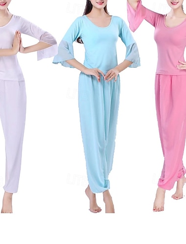  Жен. Костюм для йоги Тренировочный комплект из 2 предметов Сплошной цвет Наборы одежды Осень Черный Белый Модал Танцы Пилатес Йога Завышенная Легкость Дышащий Длинный рукав Спорт Спортивная одежда