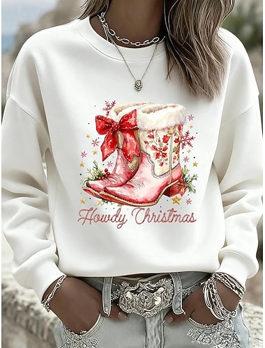  Julekvinners Julemann Snøfnugg Genser Sweatshirt Grafisk Claus Casual Langermet Crew Neck Regelmessige Topper Gate Dagligwear Casual Svart Vinhimmel Khaki Høst Vinter