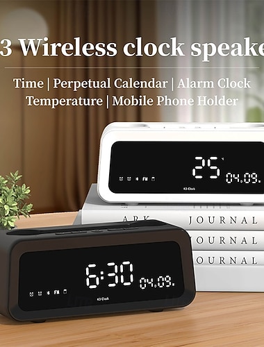  K3 tragbarer kabelloser Lautsprecher und Wecker mit Bass, 40 Stunden Akkulaufzeit, Dual-Modus-Handyhalterung/Ständer, TF-Kartenleser, zwei Lautsprecher, Energiesparmodus, kompatibel mit Mobilgeräten –