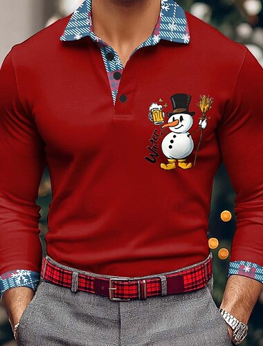  عيد الميلاد المجيد رجالي رجل ثلج بولو ستايل كم طويل قمصان البولو Lapel كاجوال الأماكن المفتوحة مناسب للبس اليومي ملابس المهرجان طباعة ثلاثية الأبعاد Buttons الربيع الخريف الشتاء أزرق أسود أحمر