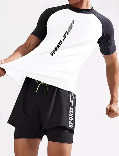  Pánské Dvoudílný rashguard Surfařské tričko Plavky kraťasy UV ochrana proti slunci Rychleschnoucí Krátký rukáv Plavky Plážové Vodní sporty Plavání Abeceda Blokování barev Léto