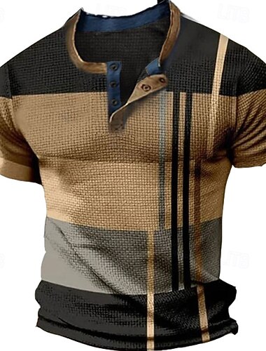  Herren Graphic Farbblock Waffel-Henley-Hemd Tee Kurzarm 3D-Druck Modisch Designer Komfortabel Outdoor Casual Täglich Sommer Braun Henley Henley T-Shirt