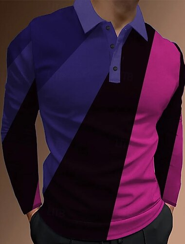  رجالي مجرد هندسي بولو ستايل كم طويل قمصان البولو Lapel كاجوال الأماكن المفتوحة شارع ملابس الرياضة مناسب للبس اليومي طباعة ثلاثية الأبعاد Buttons الربيع الخريف الشتاء أزرق 1 أزرق أرجواني