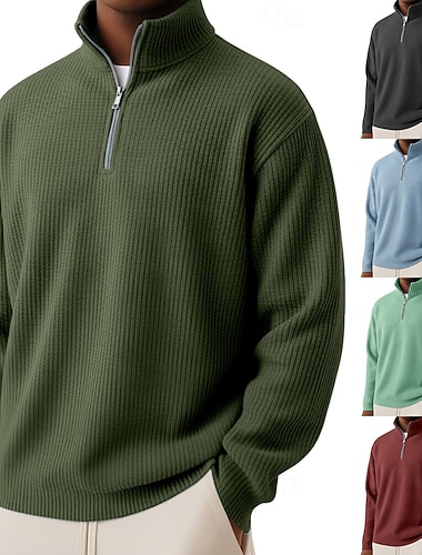  Herren Cordhemd Textur Lässig Alltagskleidung Viertelreißverschluss Langarm Mode Basic Einfach Reißverschluss Warm Frühling Herbst Winter Normale Passform Armee-Grün Schwarz Wein Marinenblau Khaki