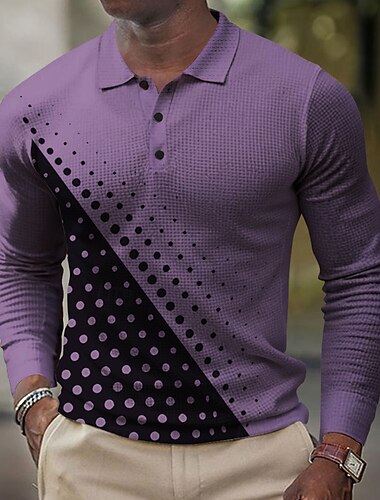  رجالي منقط هندسي قمصان بولو الوافل كم طويل قمصان البولو قميص بياقة كاجوال مناسب للبس اليومي Buttons الربيع الخريف الشتاء أزرق أرجواني بني