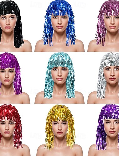  Lametta-Perücke für den Karneval &Party – Glänzende, metallisch schimmernde Fransenperücke mit Pony, perfekt für Disco und Festivals &Neujahrsfeier