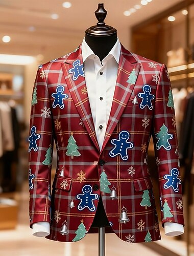  Jul Herre Pepperkakemenn Blazer jakke Frakk Bekvem Kunstnerisk Fritid Festkveldsklær Daglig Festival 3D-utskrift Original Knapper Høst vinter Med hakk Langermet Blå Rød Gull