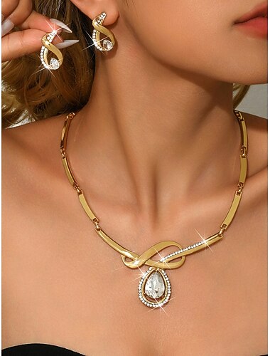  Conjunto de joias femininas de ouro com duas peças - colar com cristal vermelho em formato de gota &Brincos, acessórios de noiva elegantes com strass para casamentos. &eventos de festa