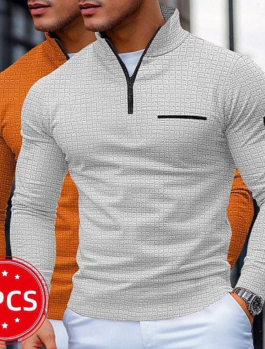  2 ks pánských polo triček s vaflovým vzorem, svetrů a sportovních svetrů &outdoor ležérní čtvrtzip s dlouhým rukávem módní moderní barevné bloky kapsa 2dílná jaro &podzimní celoroční vaflové tričko