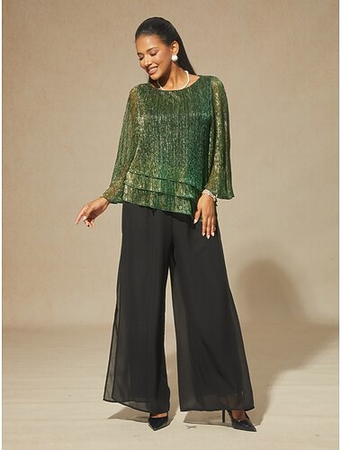  Dames Blouse Geklede topjes Chiffon-topjes Geplooid Schitteren Elegant Strakke ronde hals Bruiloft gast Uitgaan Groen Zomer Lente Herfst