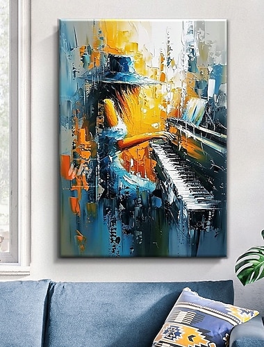  Peinture à l'huile sur toile, faite à la main, représentant une jeune fille jouant du piano. Décoration murale abstraite. Idéale pour la maison ou une salle de musique. Toile tendue sur châssis ou