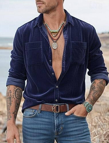  Homme Chemise Chemise Décontractée Chemise Boutonnée Chemise en velours Bleu Vert manche longue Uni Col mandarin Occasionnel Quotidien Pur Vêtement Tenue Mode Moderne Occasionnel