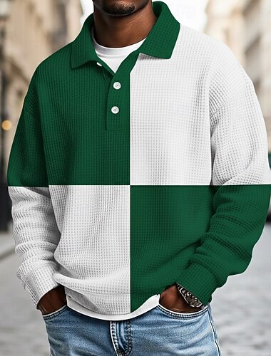  Herre Farveblok Polo Rugby Polo Med Tekstur Langærmet Polo skjorter Knaphul Sportstøj Afslappet Skole atletiktøj Dagligdagstøj 3D-udskrivning Forår Efterår Vinter Blå Gul Grøn