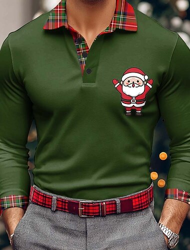  عيد الميلاد المجيد رجالي بابا نويل بولو ستايل كم طويل قمصان البولو Lapel كاجوال الأماكن المفتوحة مناسب للبس اليومي ملابس المهرجان طباعة ثلاثية الأبعاد Buttons الربيع الخريف الشتاء أزرق أسود أحمر