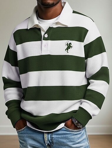  בגדי ריקוד גברים רצועות אופקיות פּוֹלוֹ רוגבי פולו שרוול ארוך חולצות פולו דש בגדי ספורט יום יומי בית הספר בגדי ספורט ומנוחה לבוש יומיומי הדפסת תלת מימד אביב סתיו חורף פול שחור חום