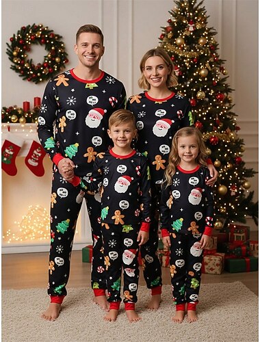  نظرة العائلة عيد الميلاد المجيد بيجامات عائلية لعيد الميلاد عائلة عيد الميلاد منامة الرسم شجرة الكريسماس الرجال الزنجبيل هدايا عيد الميلاد طباعة أسود كم طويل العطلة ملابس مطابقة