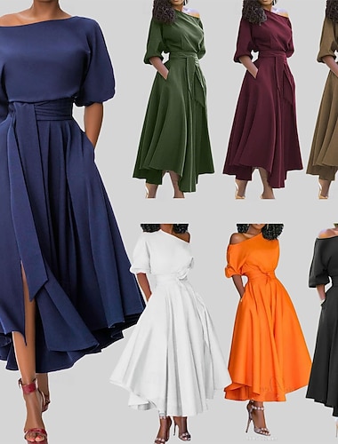  Damen Midikleid Etui-Kleid A Linie Kleid Figurbetontes Kleid Schulterfreies Kleid Party Lässig Boho Winterkleid Täglich Normale Passform Einfach Halbarm Schulterfrei Blau Weinrot orange Farbe Schwarz