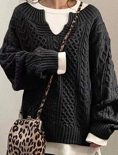  Жен. Вязаная ткань Пуловер Элегантный стиль Мода Уличный стиль Сплошной цвет V-образный вырез Трикотаж Длинный рукав Обычные топы Вязать на открытом воздухе Дом Повседневные Черный Светло-зеленый