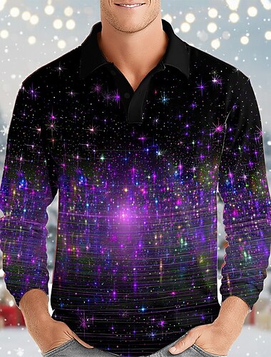  Férfi Galaxis Absztrakt Póló Hosszú ujj Pólóingek Hajtóka Alkalmi Szabadtéri Utca Sportruházat Hétköznapi viselet 3D nyomtatás Gombok Tavasz Ősz Tél Medence Bíbor Narancssárga