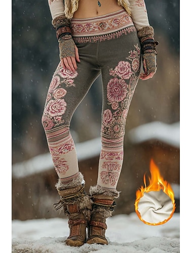  Mulheres leggings forradas de lã Leggings Férias Vintage Estilo Étnico Comprimento total Cintura Alta Floral Gráfico Impressão 3D Térmico / Quente A Prova de Vento Confortável Com Stretch Formal