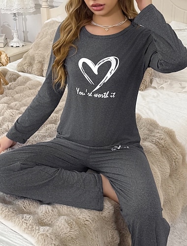  Γυναικεία Πυτζάμες Σαλόνια Σετ Πυτζάμες Καθημερινό Καρδιά Ελαστική μέση Παντελόνι Διακοπές Σπίτι Δρόμος Μακρυμάνικο Στρογγυλή Ψηλή Λαιμόκοψη Σκούρο γκρι Φθινόπωρο Χειμώνας Κανονικό