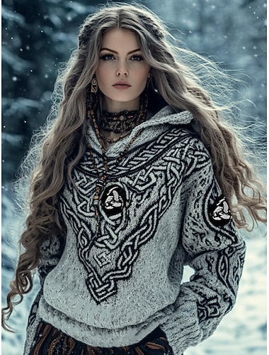  女性用 フェアアイルセーター ヴィンテージ 日常 カジュアル 幾何学模様 フード付き フード付き 長袖 レギュラートップス ニット 日常 祝日 ブラック ダックグレー 春 秋